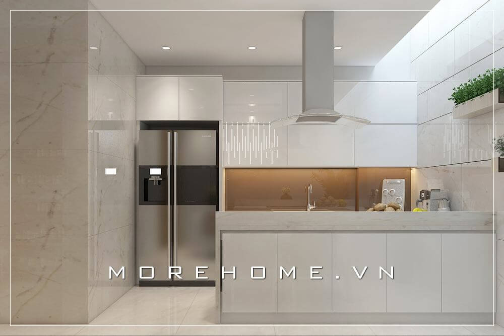 Thiết kế nội thất phòng bếp hiện đại sử dụng tone màu trắng chủ đạo thể hiện sự tinh tế, trẻ trung và sang trong cho không gian nhà phố